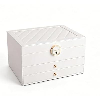 [Generic] 3-Layer Jewelry Box for Women Girl Wife, Jewelry Organizer with 2 Drawers, Removable Jewelry Tray, PU Leather Jewelry Storage Case for Necklaces Rings Earrings Bracelets Watches (Pearl White)