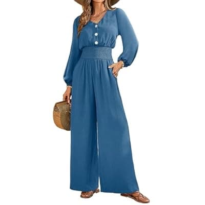 [LOOKBOHO] LOOKBOHO Womens Jumpsuits Long Sleeve V Neck Dressy Casual 2026 High Waist Romper Wide Leg Pants One Piece Outfits