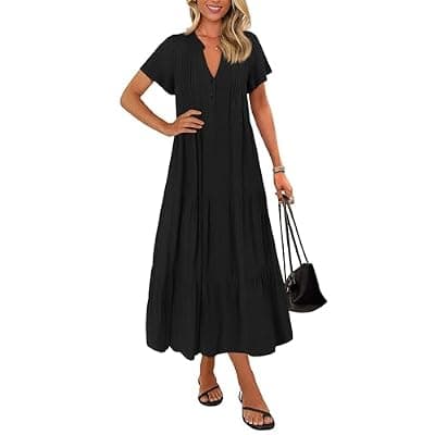 [KIRUNDO] KIRUNDO Summer Maxi Dresses for Women 2026 Spring Fashion Short Sleeve Button V Neck Pleated Loose Tiered Swing Flowy Dress
