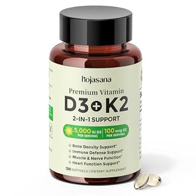[HojaSana] HojaSana Vitamin D3 K2 5000IU 100mcg MK-7 for Bone, Immune & Heart Support, Softgels, Gluten Free Keto Supplement, Triple-Lab Verified No-Clump Formula, Easy to Swallow, 120 Day Supply