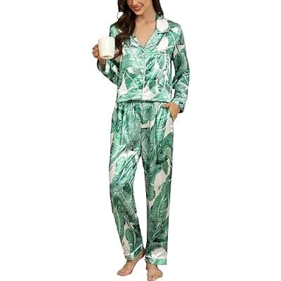 [Samring] Samring Women's Silk Satin Pajamas Set Long Sleeve Button Down Sleepwear 2 Piece Pjs Lounge Set S-XXL