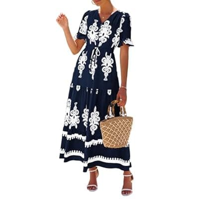 Lazysmile Summer Dresses for Women Short Sleeve V Neck Floral Drawstring Flowy A Line Boho Maxi Dress with Pockets