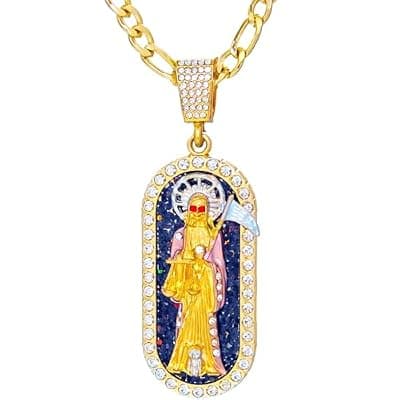 [Handmade] Santa Muerte Necklace for Men Women - Gold Plated Grim Reaper Pendant with 24" Figaro Chain - Collar de la Santa Muerte Jewelry for Spiritual Protection & Altar Gift