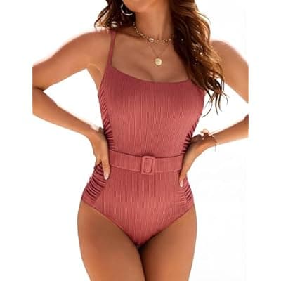 [Blooming Jelly] Blooming Jelly Womens One Piece Swimsuit Tummy Control Beltd Ruched Textured Bathing Suit Modest Slimming Retro Cute Swimwear