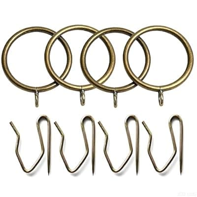 Curtain Rings with Eyelets, Metal Curtain Hooks for Drapes, Drape Ring 1.5 In Inner Diameter Fits Up to 1 1/4 inch Curtain Rod, 1.2 In Drapery Pins (22Pcs Brass Curtain Rings and 30Pcs Colorful Hooks)