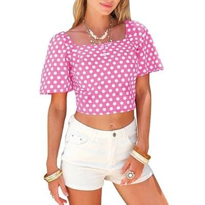 [EXLURA] EXLURA Women's 100% Cotton Polka Dot Crop Top Square Neck Open Back Tie Knot Summer Vacation Beach Blouse Cute Ruffle Shirts