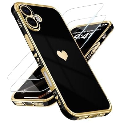 [Aurorastar] Compatible with iPhone 17 6.3", Phone Case Small Love Heart with Screen Protector, Luxury Plating Cute Phone Cases Soft TPU Pattern Print Design Shockproof Protection Cover for Women Girls, Black