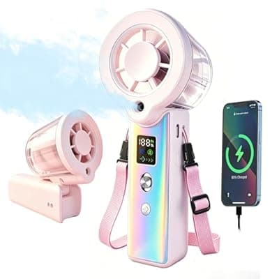 [Rivpines] Portable Misting Fan, Handheld Rechargeable Fan with Water Mist, Personal Mini Turbo Fan with 1-100 High Speeds (20000 RPM), LED Light for Music Festival, Summer Trip Must-Haves, Holographic Pink
