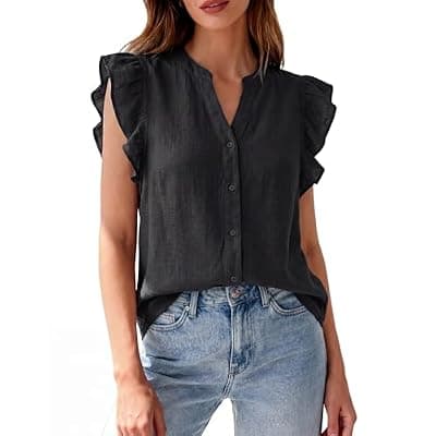 [Zenlonr] Zenlonr Women's Ruffle Short Sleeve Summer Tops 2026 V Neck Button Down Shirt Solid Color Going Out Tops