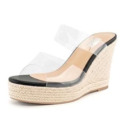 [WIRALOMI] WIRALOMI Women Clear Wedge Heel Sandals Slip On Espadrilles Platform Sandals Slide Summer Beach Crystal Mules Sandals