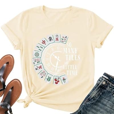 [Vrytw] Mahjong Shirts for Woman-Mahjong Tiles Clock Short Sleeves Game Night Gift Top for Mahjong Players