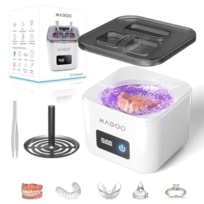 [magoo] Ultrasonic Retainer Cleaner Machine, Denture Cleaner for Aligners Night Guards Braces Mouth Guards Toothbrush Heads，All-in-One Dental & Jewelry Cleaner, 45kHz 200ML, Dual Modes