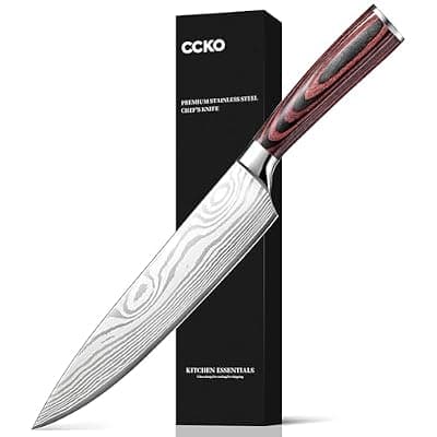 [CCKO] Chef Knife Professional Japanese AUS-10 Steel Core Kitchen Knife with Damascus Pattern, Razor Sharp 8 Inch Chefs Knife with Full-Tang Ergonomic Handle - Ideal for Home Cooks & Professional Chefs
