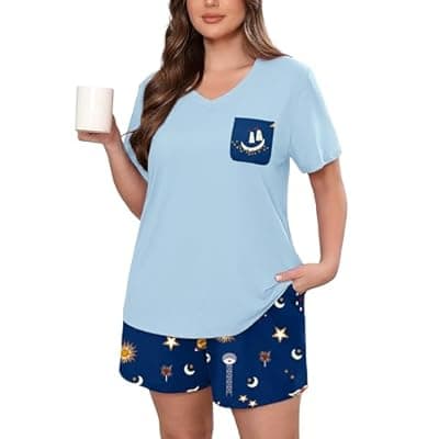 [AusLook] AusLook Plus Size Pajama Set for Women 2 Piece V Neck Short Sleeve Pajama Shorts Set Loose Summer Loungewear Sleepwear 1X-5X