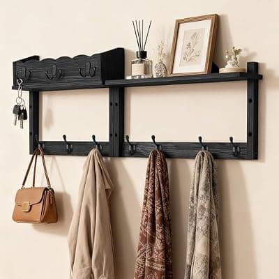 [Dellicasi] Dellicasi 28" Coat Rack Wall Mount with Shelf, Entryway Key Holder Wall Mount Wood Wall Coat Hooks with 7 Hooks 3 Key Hanger, Wall Mounted Coat Rack Mail Holder for Living Room, Bedroom