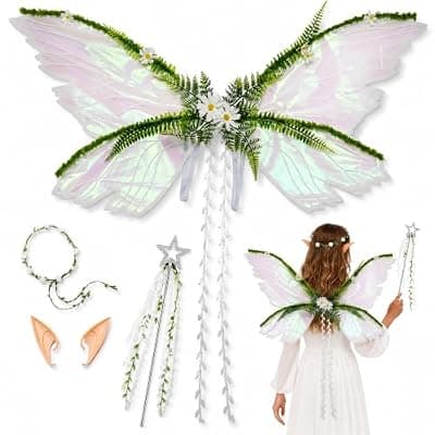 [BEFEIEULEAQ] Fairy Wings Set - 4 PCS Butterfly Wings with Elf Ears, Flower Crown & Wand