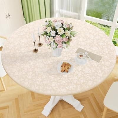 [Smiry] Smiry Round Picnic Tablecloth, Elastic Waterproof Fitted Heavy Duty Vinyl Tablecloths for 45"-56" Tables, Wipeable Washable Table Cover for Kitchen, Dining, Camping, Outdoor, Beige
