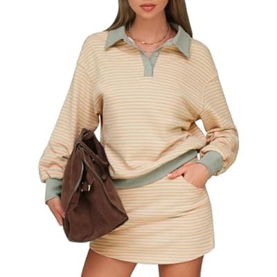 EXLURA Womens Two Piece Sets Cotton Striped Sweatshirt Matching Skirt Skort Tennis Vacation Cruise Outfits Travel Set 2026