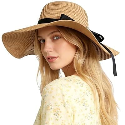 [Skdgih] Womens Wide Brim Straw Sun Hat UPF 50+ UV Protection Foldable Summer Beach Travel Hat
