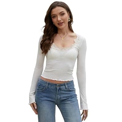 [Homepeaz] Homepeaz Long Sleeve Shirts for Women Y2K Bell Sleeve Lace Trim Micro Ribbed Square Neck Cropped Going Out Tops