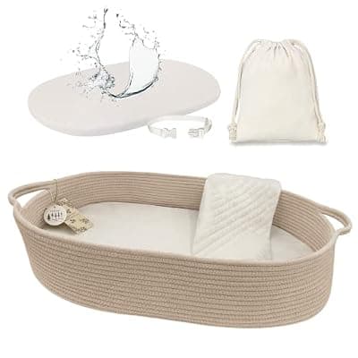 [meloom] meloom Baby Changing Basket with Pads and Safety Belt- 100% Cotton Boho Baby Moses Basket Changing Table and Thick Pad with Waterproof Mattress Cover, Nursery Decor in Taupe Color with Storage Bag