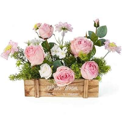 [RQRYAAD] Spring Centerpieces for Tables, Artificial Floral Centerpieces for Dining Table in Rustic Wooden Box, Pink Rose & Daisy Arrangement with White Roses Greenery for Farmhouse Kitchen Living Room Decor