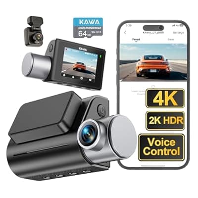 [KAWA] 4K Dash Cam Front and Rear, Voice Control, Free 64GB Card, Wi-Fi6 Dual Dash Camera for Cars, Built-in GPS, 2” Screen, 2K HDR, NightEagle Engine, 24H Park Mode, Smart Dashcam