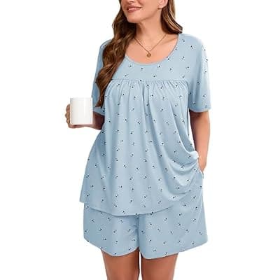 [AusLook] AusLook Women's Plus Size Pajama Sets Short Sleeve Top and Shorts Sleepwear Pj Set 2 Piece Lounge Set with Pockets