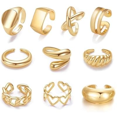12PCS Gold Stackable Rings Set for Women, Chunky Non Tarnish Ring for Knuckle Finger, Fashion Adjustable Thumb Pinky Signet Heart Rings for Jewelry Gift