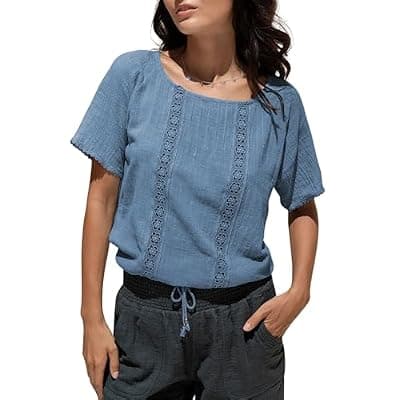 [QIBABU] QIBABU Summer Tops for Women Casual Short Sleeve Round Neck Hollow Out Lace Blouses Shirts