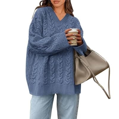 [Okiwam] Okiwam Women's Oversized Sweaters Long Sleeve V Neck Cable Knit Pullover Tops Fall Outfits Fashion Clothing 2026