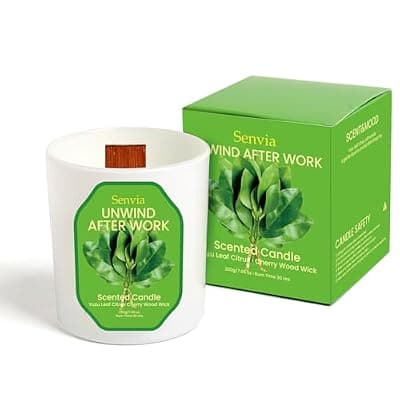 [Senvia] Senvia Crackling Wood Wick Candle - Soy Wax, Yuzu Citrus Scented, Non Toxic, Clean Burn for Home Office, Long Lasting for Small to Medium Rooms, Stress Relief