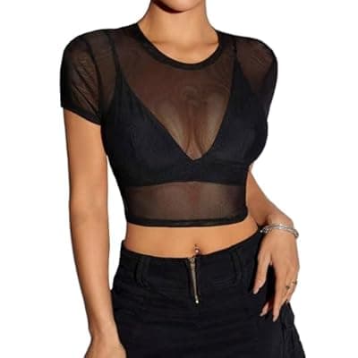 [GAMISS] GAMISS Mesh Top for Women Crew Neck Short Sleeve Mesh Shirt Sexy Fitted Sheer Mesh Tee Top