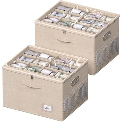 [FHSQX] 2 Pack Shoe Organizer for Closet Large Shoe Box Storage Containers with Clear Window Space Saving Shoe Bin with Foldable Bottom Support Adjustable Dividers Fits 32 Pairs (Beige, (19.7x15.7x13inch)x2)
