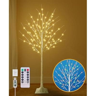 [Remon] 5FT Lighted Birch Tree, Birch Tree with 90 LED Lights, 8 Flash Modes and Timer, Light Up Twig Christmas Tree for Indoor Outdoor Home Party Garden Wedding Decorations (Warm White & Multicolor)