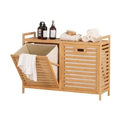 [Baveke] Baveke Bamboo Tilt Out Laundry Hamper with Shelves, Hidden Laundry Hampers with 2 Removable Bag, Pull Out Laundry Hamper Cabinet, Bathroom Storage Shelf for Laundry Room, FSC-Certified, Natural