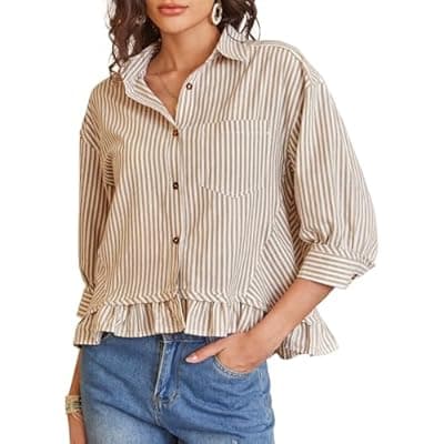[PEHMEA] PEHMEA Women's Striped Button Down Shirt, 3/4 Sleeves Loose Fit Collared Blouse with Ruffle Casual Oversized Top