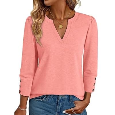[NORACORA] NORACORA 3/4 Length Sleeve Womens Tops Loose Fit V Neck Lightweight Shirts Buttons Cute Dressy Casual 2026 Summer Clothes