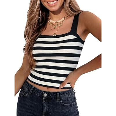 [EXLURA] EXLURA Women Faux Cashmere Crop Top Striped Knit Tank Top Square Neck Camisole Summer Lightweight Sweater Y2K Going Out Tops