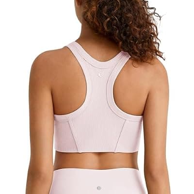 [G4Free] G4Free Ribbed Crewneck Sports Bras Padded for Women - Racerback Crop Tank Tops Workout Yoga Medium Impact