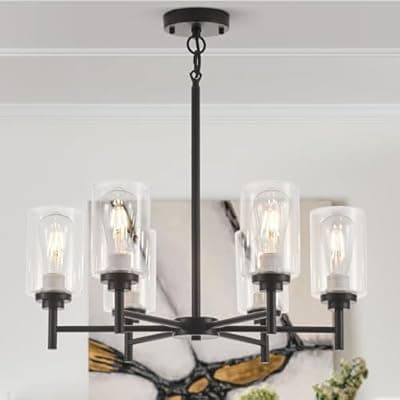 SGRUXELL Black Chandeliers for Dining Room,6 Lights Modern Farmhouse Chandelier with Clear Glass Shade,Industrial Hanging Light Fixture for Kitchen Island Bathroom Living Room Bedroom Foyer Entryway
