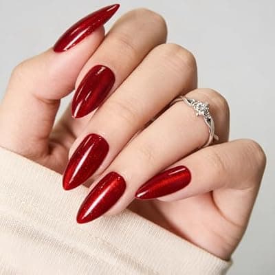 [Shoindary] Red Cat Eye Press On Nails Almond Red Glitter Fake Nails Medium, Holiday Sparkle 15 Sizes Reusable Nail Kit - 30 Pcs with Glue