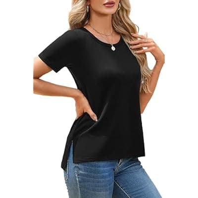 [Herou] Herou Women's Short Sleeve T-Shirt - Crew Neck Causal Plain Outfit Top with Side Split