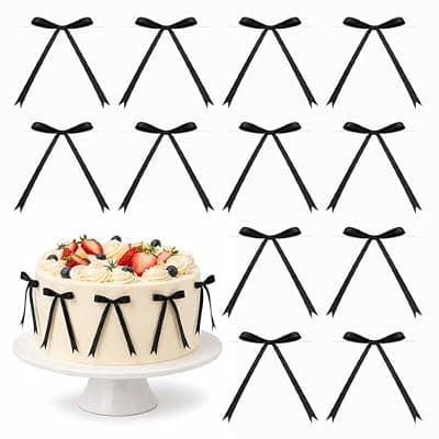 [Oeyliz] Bow Cake Toppers Black Ribbon Bows for Cake Black Bow Cupcake Toppers 30 PCS Bows Cake Decor for Birthday Bridal Weddings Baby Shower Party Decorations