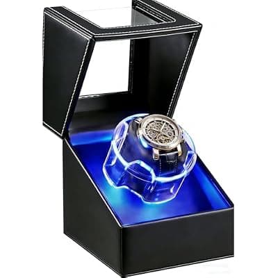 [BvnzunTrs] BvnzunTrs Watch Winder For Automatic Watches Single Watch Winder for Rolex With Led Light 2 Modes Watch Spinner Japanese Ultra-Quiet Motor Rotating Watch Case Pu Leather Watch Rotator Gifts For Men