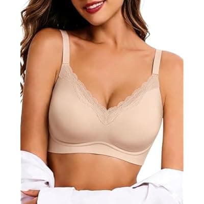 [HORISUN] HORISUN Wireless No Underwire Bra for Women V-Neck Lace Trim Jelly Supportive Seamless Bralette Comfortable Everyday Bra