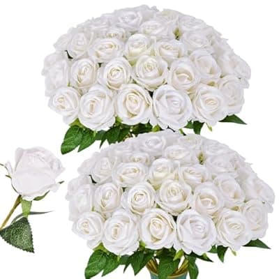 [LetuoClips] LetuoClips 50 PCS White Roses Artificial Flowers, Fake White Roses Bouquet,White Artificial Silk Roses with Stems for DIY Wedding Flowers Decoration, Valentines Day Mothers Day, Bridal Bouquet Roses