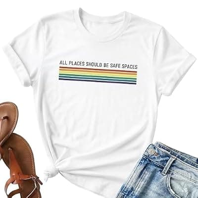 [PT Haahoos] Pride Shirts for Women Gay Tee All Places Should Be Safe Spaces Shirt LGBTQ Rainbow Shirt Ally Equality Tops