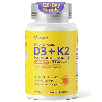 [VIVI Youth] VIVI Youth Vitamin D3 K2 5000 IU, D3 and K2 Supplements for Bone, Heart & Immune Support - Enhanced with Magnesium Glycinate - Non-GMO, Gluten Free, Soy Free Softgels, 120 Day Supply