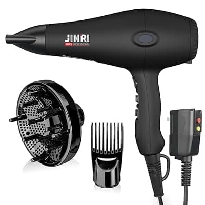 [JINRI] Hair Dryer - JINRI 1875W Diffuser Blow Dryer for Salon & Personal Use – Powerful, Fast Drying with Diffuser & Nozzle and Comb for Women & Men, ALCI Safety Plug, Black-Blue